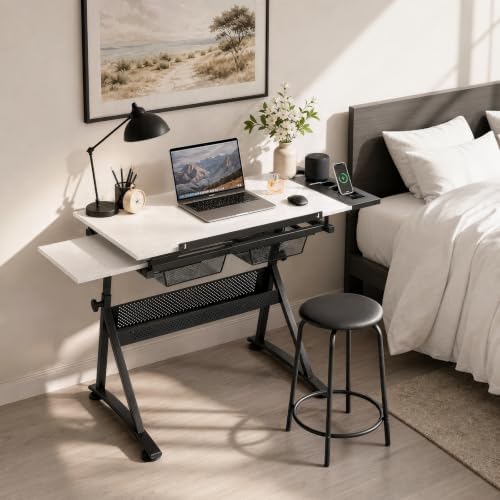 Athena Collection Wooden Drafting Table W/Stool, Tilting Art Desk, White