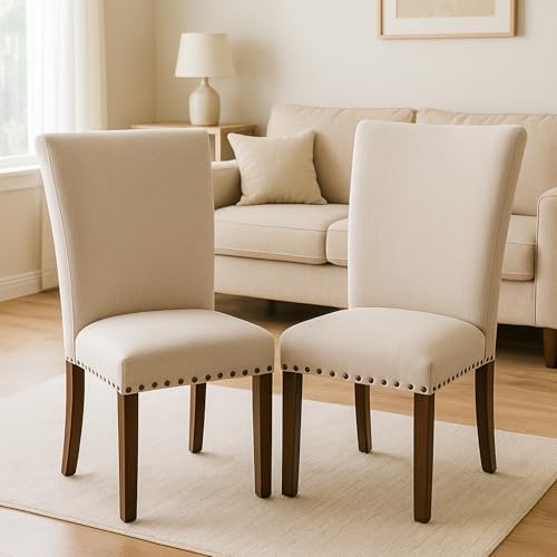 Set of 4 Beige Upholstered Dining Chairs, Farmhouse Kitchen Chairs with High ...