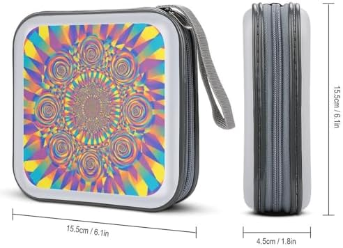 40-Disc CD/DVD Organizer Wallet Red Blue Yellow Spiral Tie Dye Rainbow, Heavy-Duty Hard Plastic Binder, Portable Storage Case with Carry Strap for Car