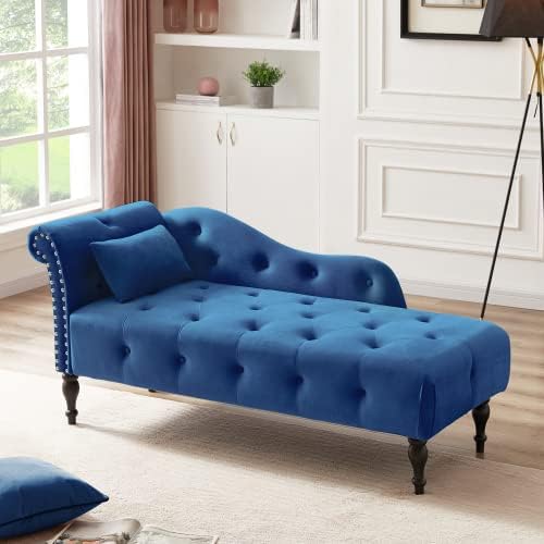 60.6" Velvet Chaise Lounge, Buttons Tufted Nailhead Trimmed, Upholstered Chaise Lounge with Left Armrest & Lumbar Pillow, Modern Velvet Lounge Chair for Bedroom, Living Room and Office (Blue)