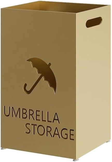 Metal Umbrella Holder Stand,Umbrella Rack with Drip Tray, Hollow Pattern Design Square Shape, Walking Sticks Storage Rack for Home Office Apartment(Gold,Small)