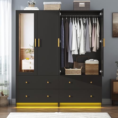 chartustriable 2 Doors Armoire Wardrobe Closet with Mirror, LED Closet with D...