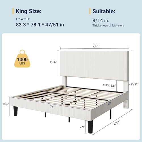 Allewie King Bed Frame, Corduroy Tufted Headboard, White