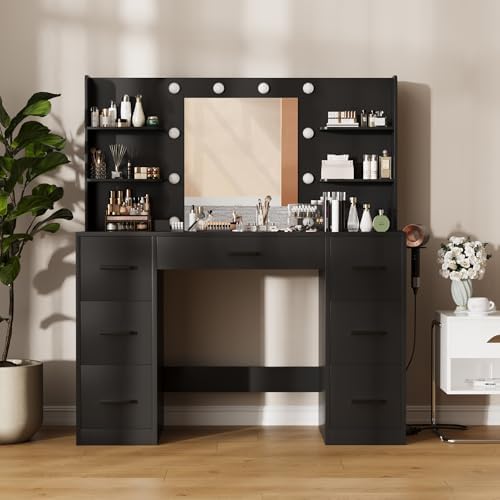 Furmax Vanity Desk with LED Mirror,Power Outlet,7 Drawers Makeup Table | LED ...