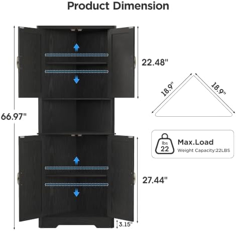 Vabches Tall Corner Cabinet, Corner Bathroom Cabinet, Black