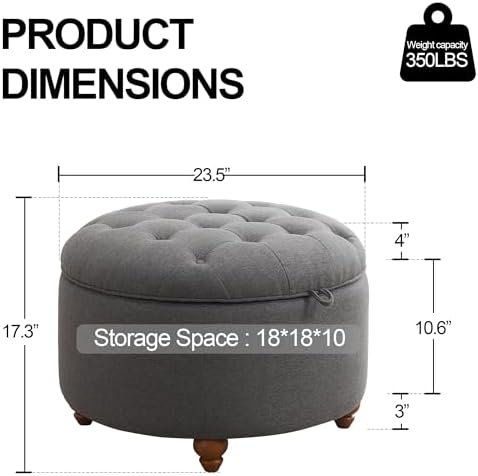 24'' Round Ottoman Coffee Table with Storage, Upholstered Tufted Otto...