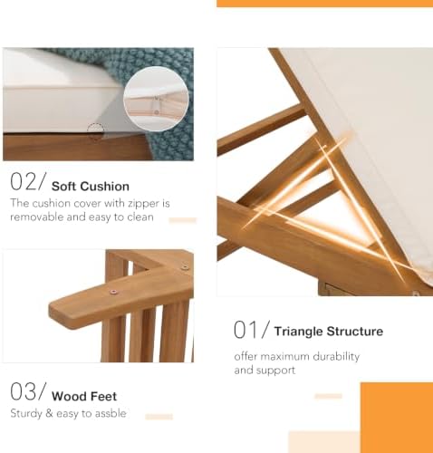 Patiorama Patio Acacia Wood Chaise Lounge Set of 2, Pull-Out Table, Cream