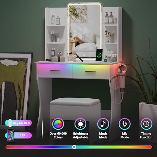 Small Vanity Desk with Mirror and Lights, Makeup Vanity with LED Lights, Whit...