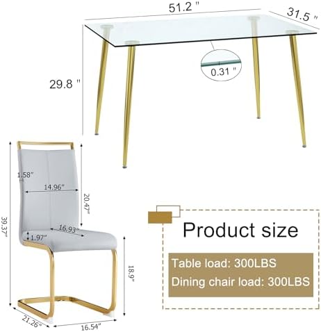 Ebullient Glass Dining Table Set for 4,5 Piece Dining Table and Chairs Set，Mo...