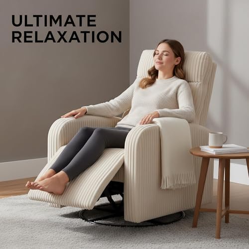 Swivel Rocker Chair, 360°Swivel Rocker Chairs with High Back Arms, Rocking Lazy Boy Chairs, Upholstered Swivels Corduroy Glider for Living Room, Bedroom, Nursing, Beige