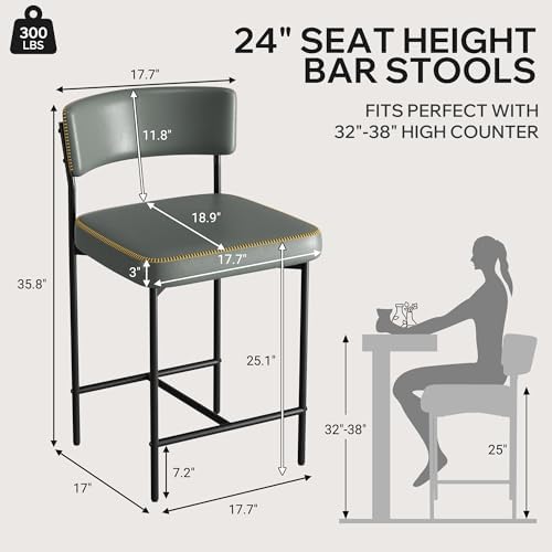 Bar Stools Set of 2, Faux Leather Counter Height Barstools with Curved Back, ...