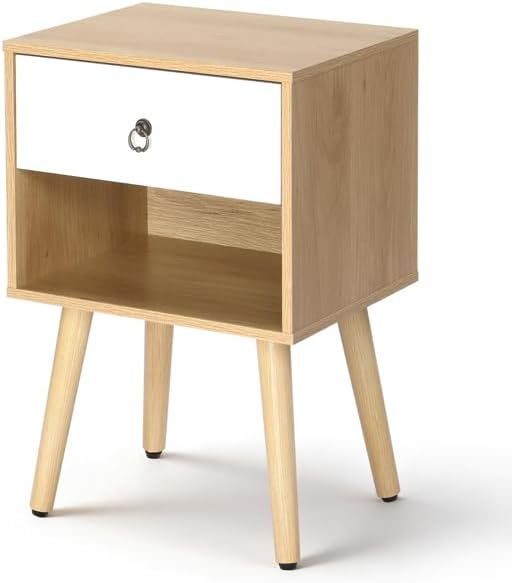 Mid-Century Modern Nightstand with Drawer and Open Shelf, Bedside Table with ...