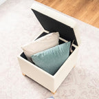 Adeco Square Storage Ottoman with Hinged Lid, 16" Upholstered Foot Stool & Seat for Entryway, Living Room, Faux Leather with Wood Legs (Ivory White)