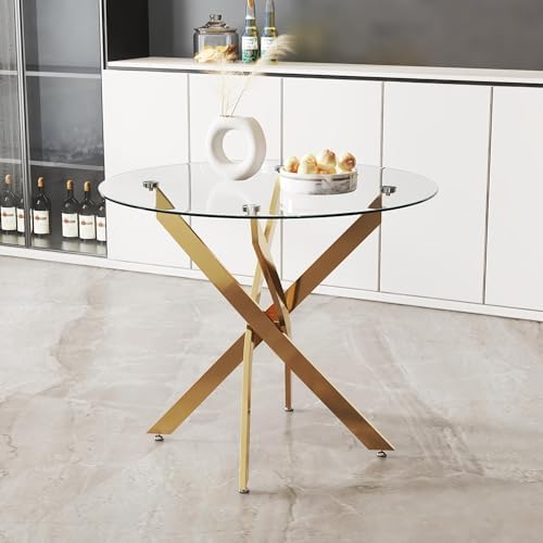 Round Tempered Glass Dining Table Set for 4, 5-Piece Modern Kitchen Table Set...