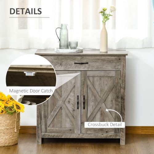 HOMCOM Farmhouse Sideboard Buffet Cabinet Barn Door Gray