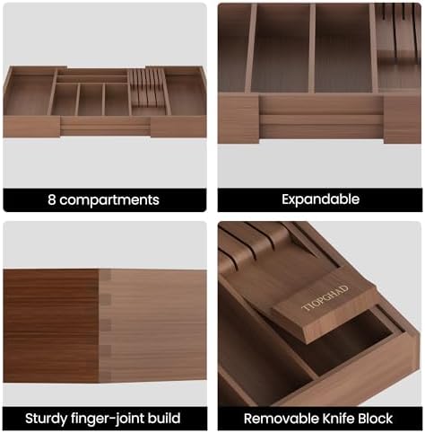 Expandable Bamboo Silverware Organizer with Knife Block, Brown | 12.6-21.45 x 16.3 x 2.13 in, Holds 7 Knives, Removable Knife Block, Adjustable Dividers, Drawer Insert for Utensils, Forks