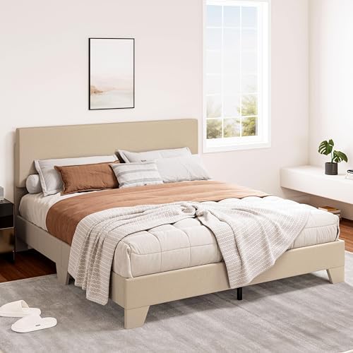SHA CERLIN Linen Upholstered Full Size Bed Frame with Headboard, Beige