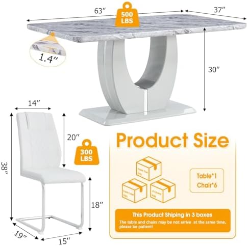 JUFU 7-Piece Dining Table Set for 6, 63-Inch Faux Marble, White/Platinum