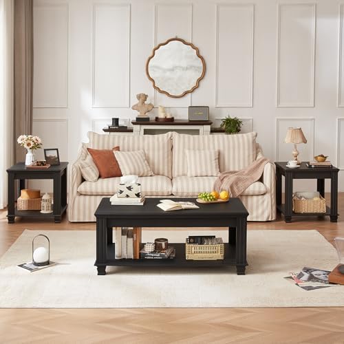 SAVOR LIFE Farmhouse Coffee Table Set of 3, Black | Rustic Wood 3 Piece Coffe...