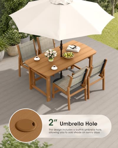 HDPE Outdoor Dining Set, Patio Table and 4 Stackable Armless Chairs, Teak