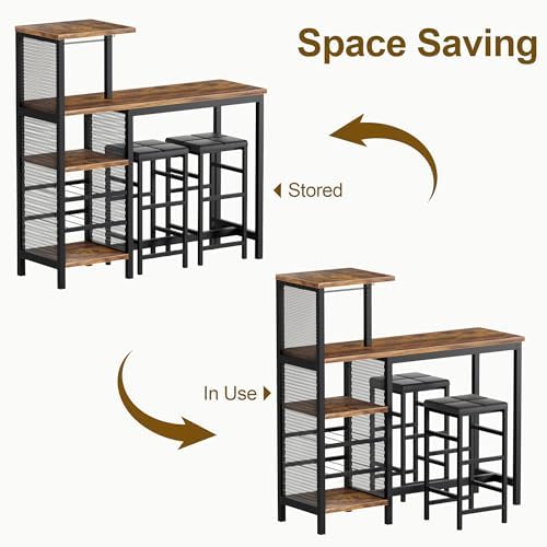 VECELO Bar Table and Chairs Set for 2, 3-Piece Dining Set with Storage Shelve...