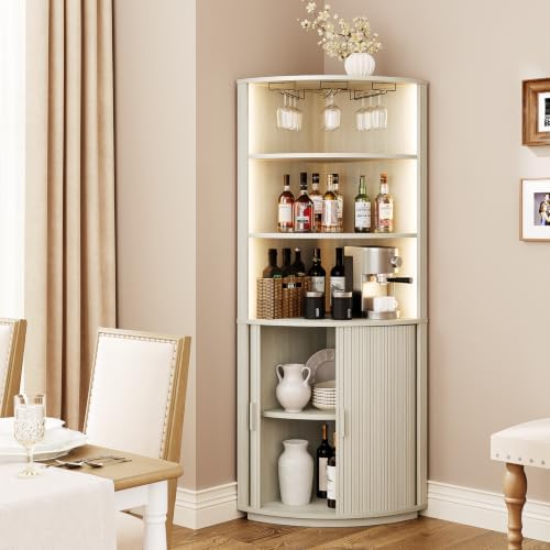 ONBRILL 72" Tall Corner Bar Cabinet with LED Light, Liquor Cabinets, White