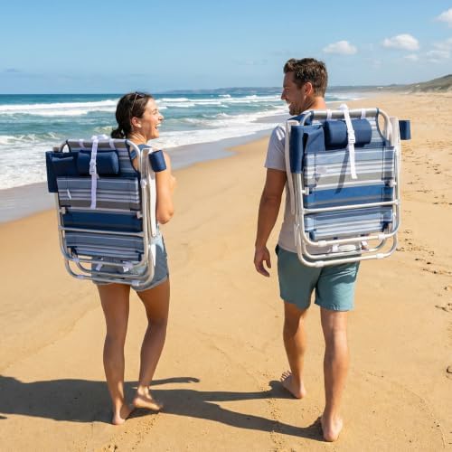 Beach Chair 2 Pack Aluminum 5 Positions Lay Flat Mesh Fabric Folding Beach Re...