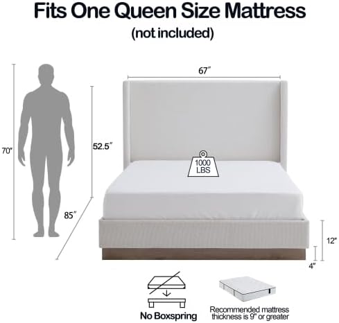 Queen Size Boucle Wingback Upholstered Platform Bed, 53.1 Inch Tall Headboard...