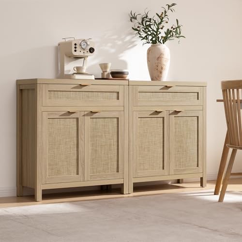 SICOTAS Sideboard Buffet Storage Cabinet Set of 2, Rattan Credenza Buffet