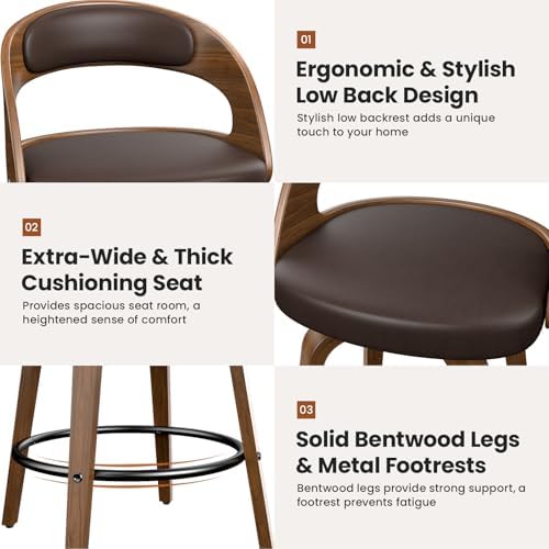 REONEY Swivel Bar Stools Set of 3, 26" Counter Height, Brown | Walnut Wo...