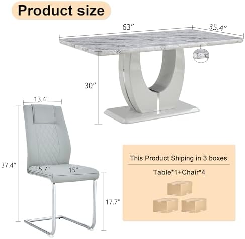 JUFU 5-Piece Dining Table Set for 4, 63-Inch Faux Marble with PU Chairs