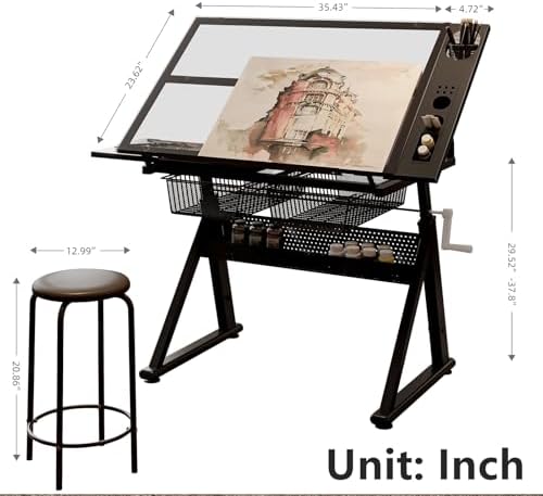 Drafting Desk w/Stool & Storage, Glass Art Table for Artists,Black