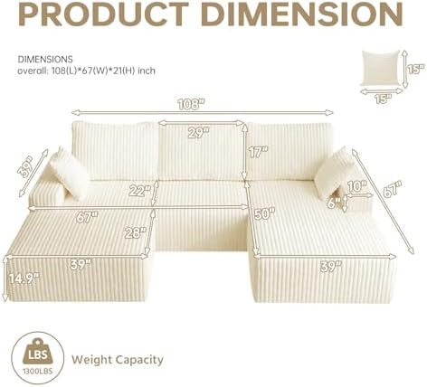 108" U-Shape Modular Sectional Cloud Cream Couch with Ottoman, Deep Seat...