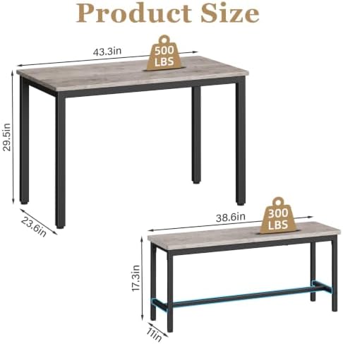 Dining Table Set for 4, 3-Piece Kitchen Table with 2 Benches, Grey