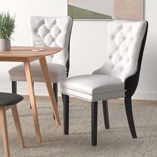 Black and White Dining Chairs Set of 2, Velvet Back, PU Leather Seat