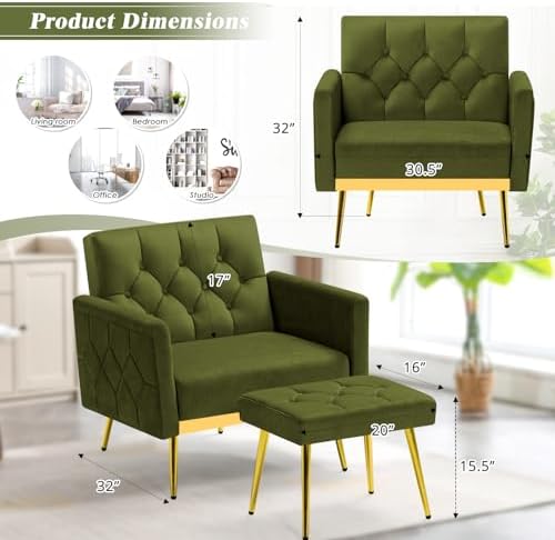 Velvet Sofa Set w/Adjustable Armrests & Backrests, Olive Green | Tufted A...