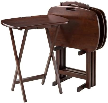 Furnifact Walnut Snack Table Set – Folding TV Trays with Stand for Dining, Wo...