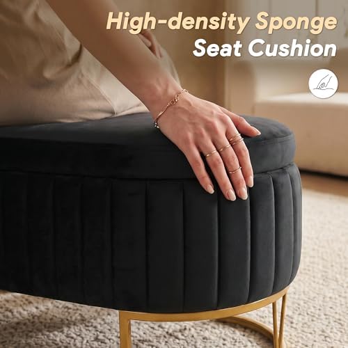 Storage Bench Bedroom Bench, Velvet Oval Upholstered End of Bed Bench with Go...