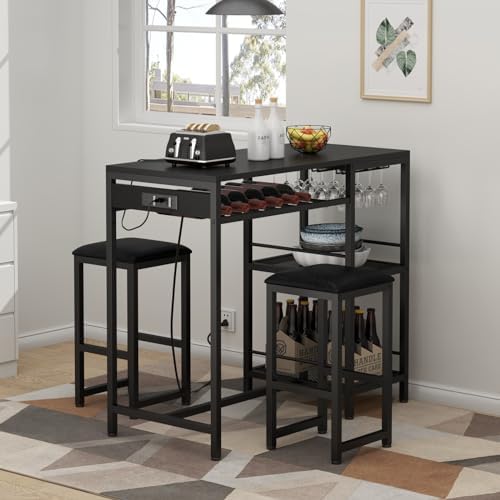 Bar Table and Chairs Set with Power Outlet, Pub Table and Chairs Set for 2