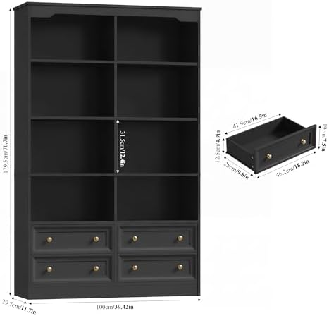 FINETONES 71" Tall Bookshelf with 4 Drawers Black Bookshelf Office Bookcase