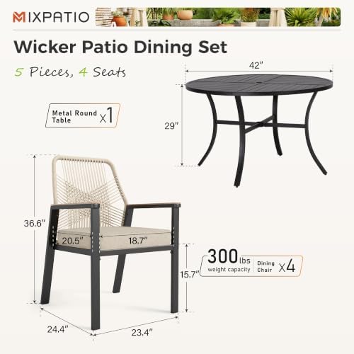 MIXPATIO 5pc Patio Dining Set, 42" Round Metal Table, 4 Rattan Chairs