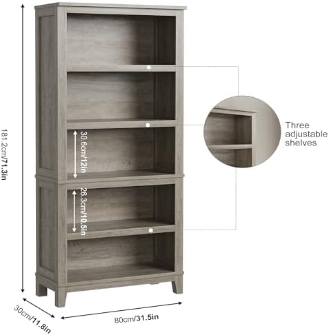71" Farmhouse Bookcase, 5-Tier Tall Bookshelf with Adjustable Shelves