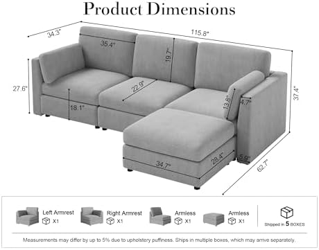 Oversized Modular Sectional Sofa L-Shaped Cloud Couches Gray | 4 Seater Large...