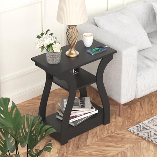 FROMJBEST End Tables Living Room Set of 2 with Charging Station, Black