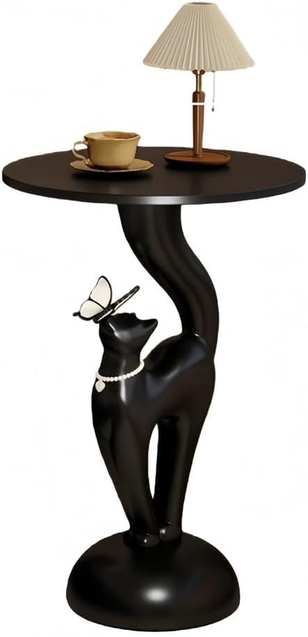 Elegant Resin Cat Sculpture Side Table with Tray, Modern Creative Bedside Tab...