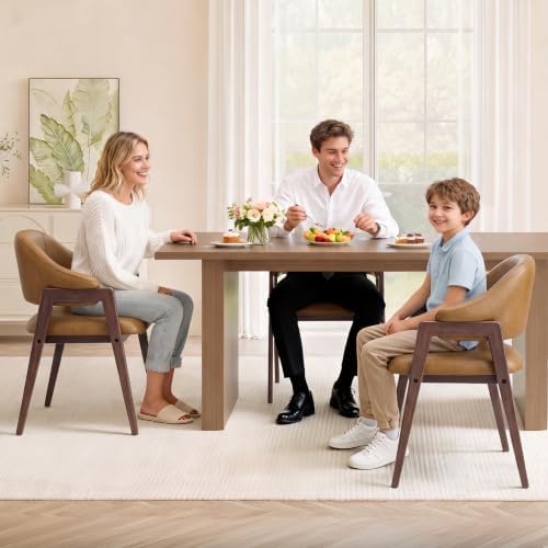 MALOL Wooden Dining Chairs Set of 4, Faux Leather, Curved Open Back, Brown
