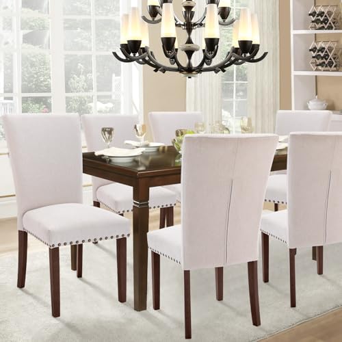 Set of 4 Beige Upholstered Dining Chairs, Farmhouse Kitchen Chairs with High ...