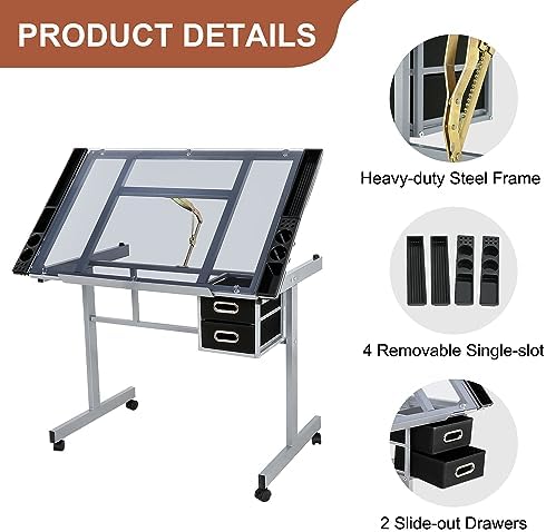 Nova Microdermabrasion Glass Top Drafting Table with Storage, Adjustable Draw...