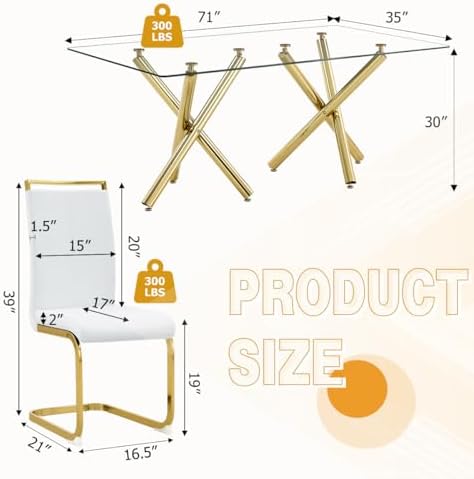 AZmac Modern Dining Table Set for 8 with Gold Metal Frame, 9-Piece Glass Dini...