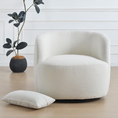 KINWELL 34" W Sherpa Swivel Barrel Accent Chair with Pillow, Cream